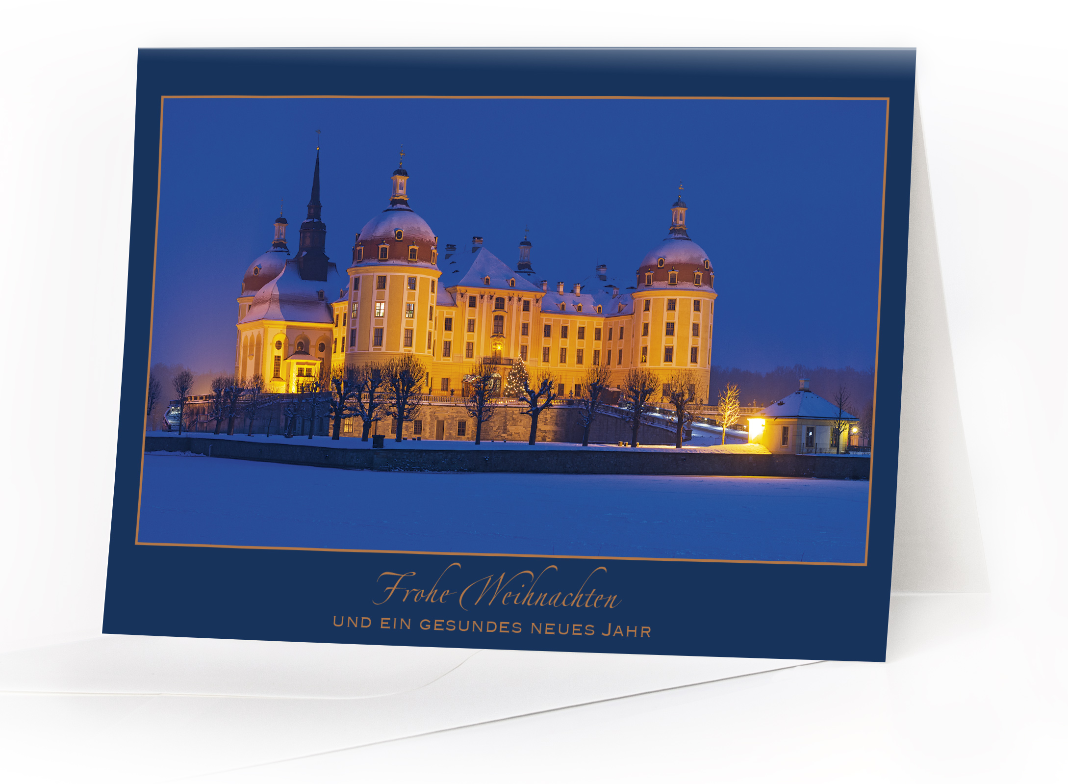 7067 KS | Weihnachtskarte Moritzburg – Schloss Moritzburg mit Goldfolienprägung 