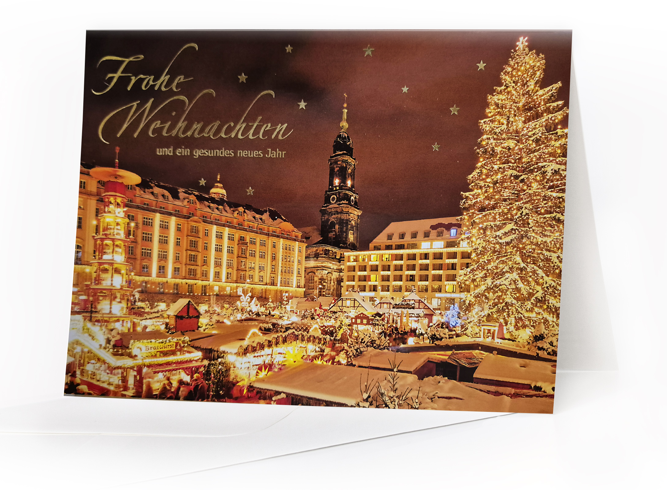 7065 KS | Weihnachtskarte Dresden – Striezelmarkt mit Goldfolienprägung