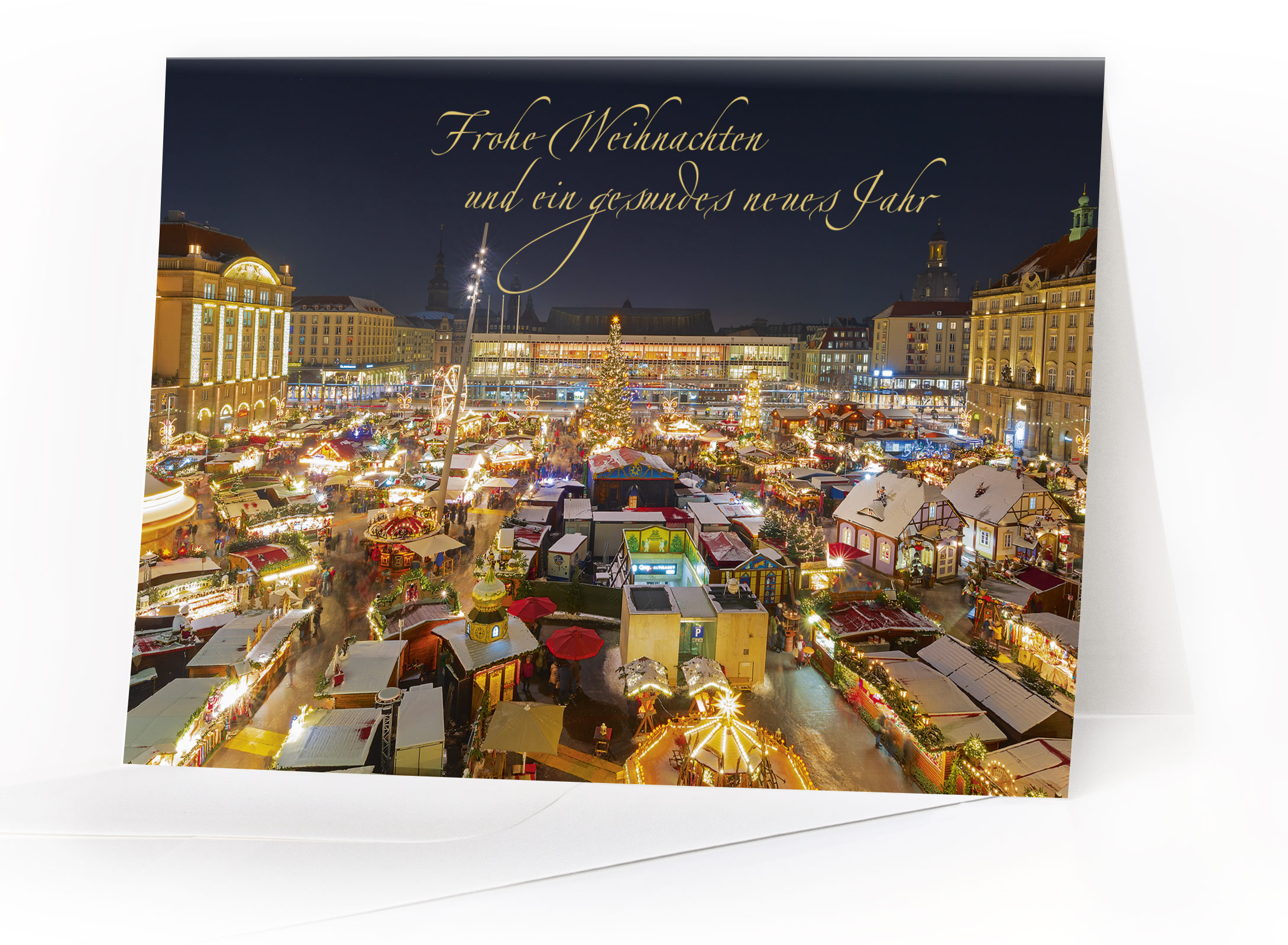 7066 KS | Weihnachtskarte Dresden – Striezelmarkt mit Goldfolienprägung